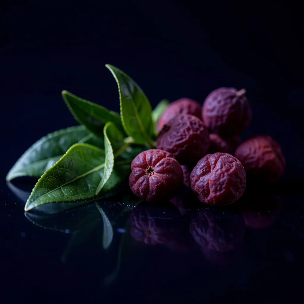 Green tea leaves and dried berries on dark surface