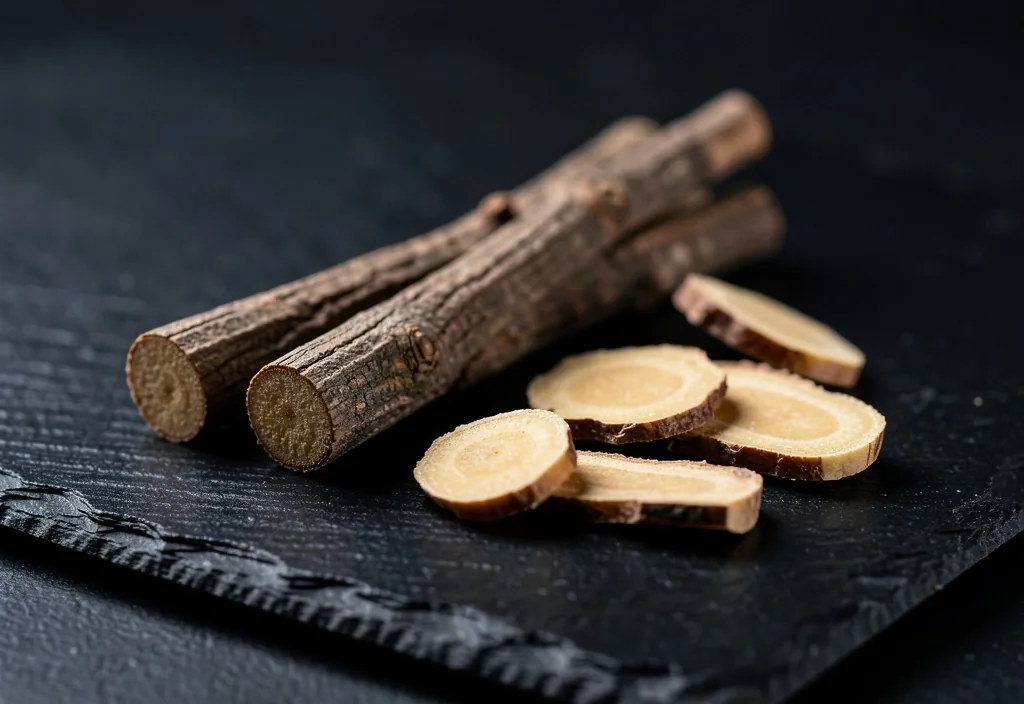 Dried botanical root material on a dark surface