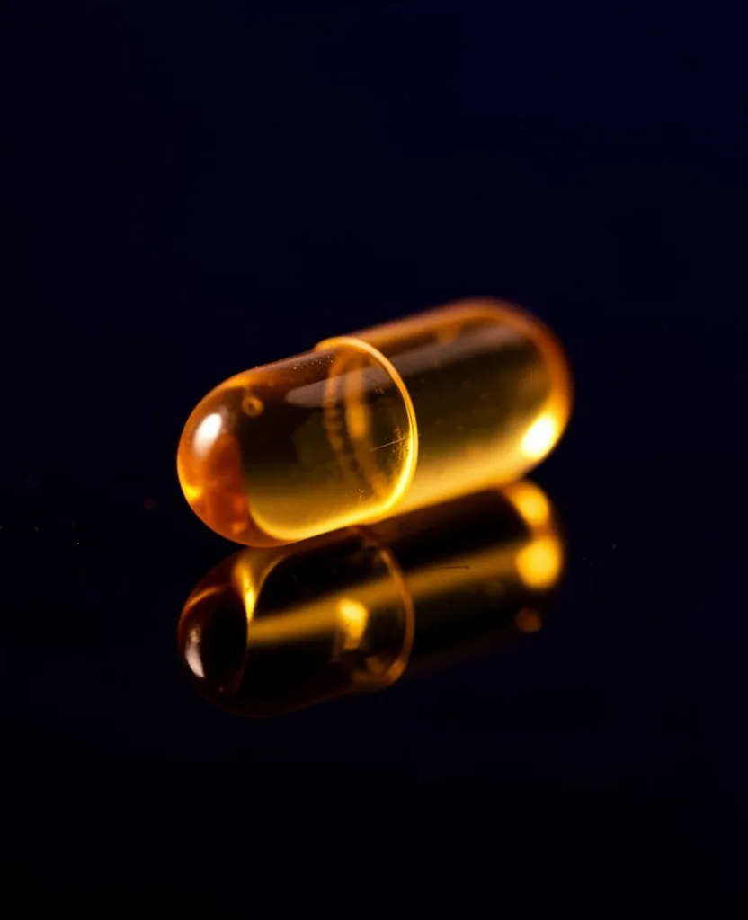 Vitamin D3 capsule on dark reflective surface